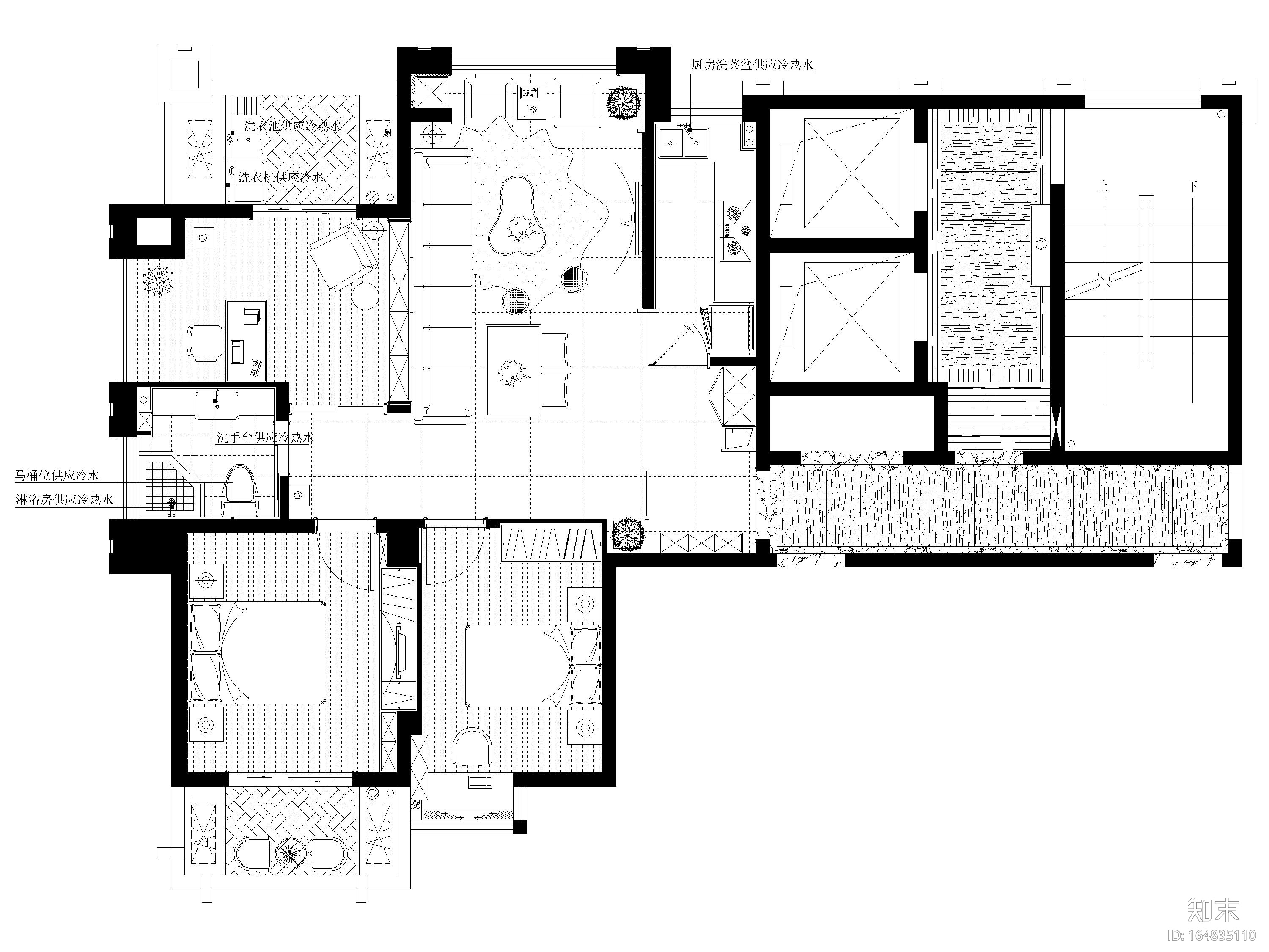 [福州]130㎡现代两居室样板房施工图+实景图cad施工图下载【ID:164835110】