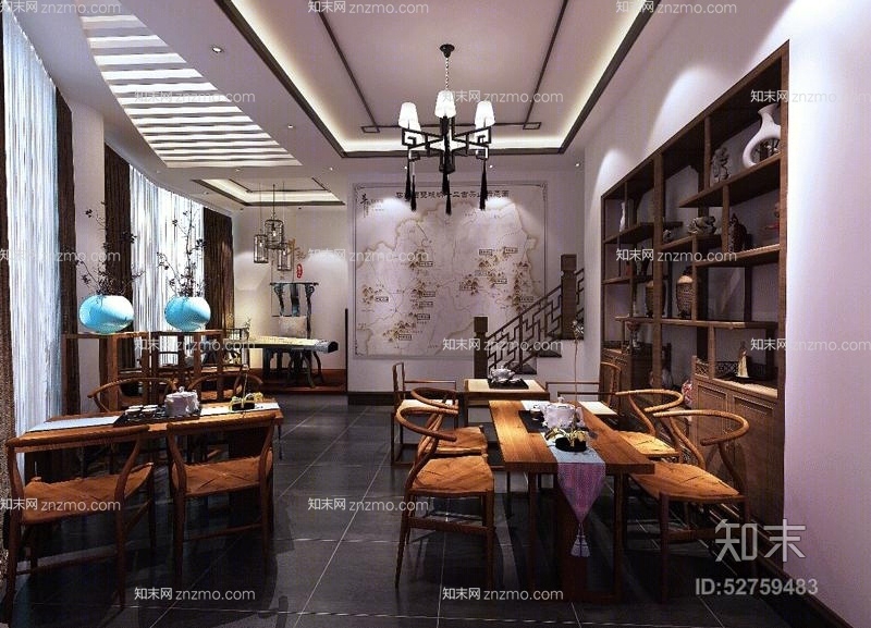 新中式黑色铁艺吊灯3D模型下载【ID:52759483】
