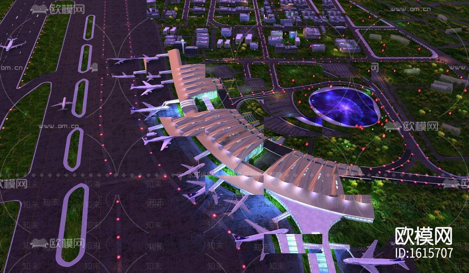 现代机场鸟瞰夜景3D模型下载【ID:496220033】