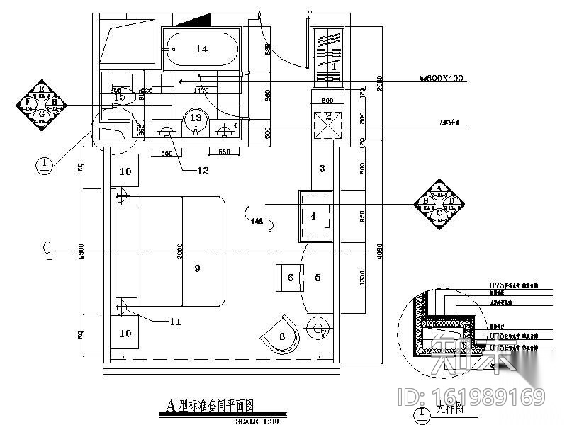 [北京]四星酒店标准客房施工图cad施工图下载【ID:161989169】