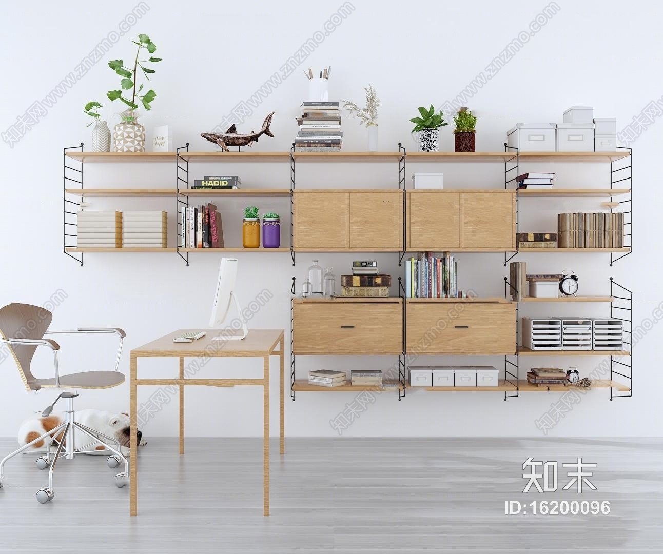 现代书桌椅铁艺置物架书架3D模型下载【ID:16200096】