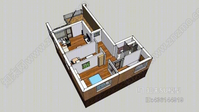 60平方米公寓，一间卧室，一间客厅。成套家具SU模型下载【ID:436144919】