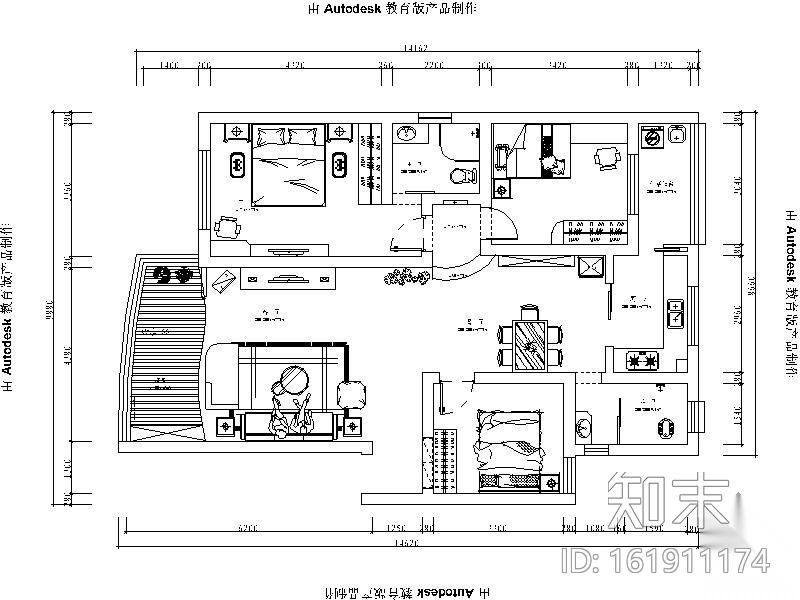 [衡阳]三居室设计装修图1cad施工图下载【ID:161911174】