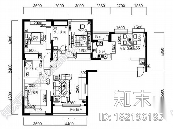 某小区三室二厅室内装修图cad施工图下载【ID:182196185】