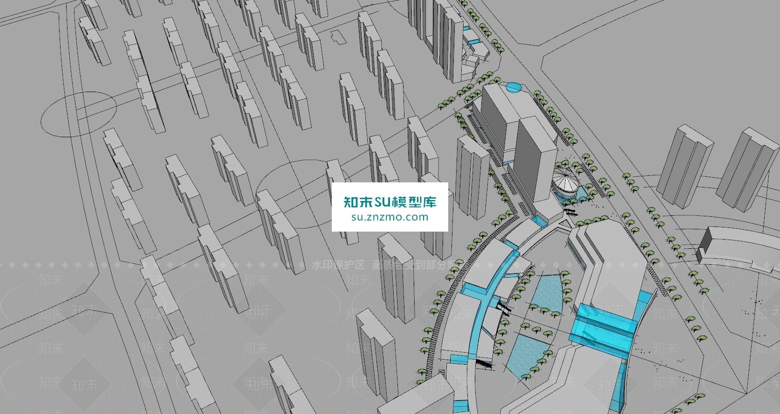 大型综合商业及住宅楼房区红莲湖中央花园SU模型下载【ID:160122115】