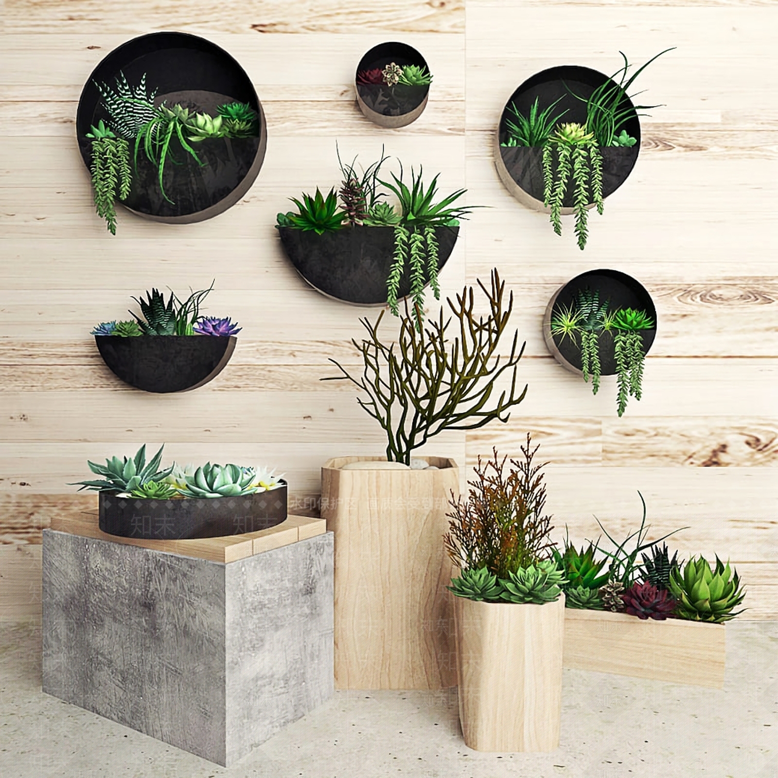 现代植物墙饰盆栽多肉吊兰吊篮3D模型下载【ID:233474501】