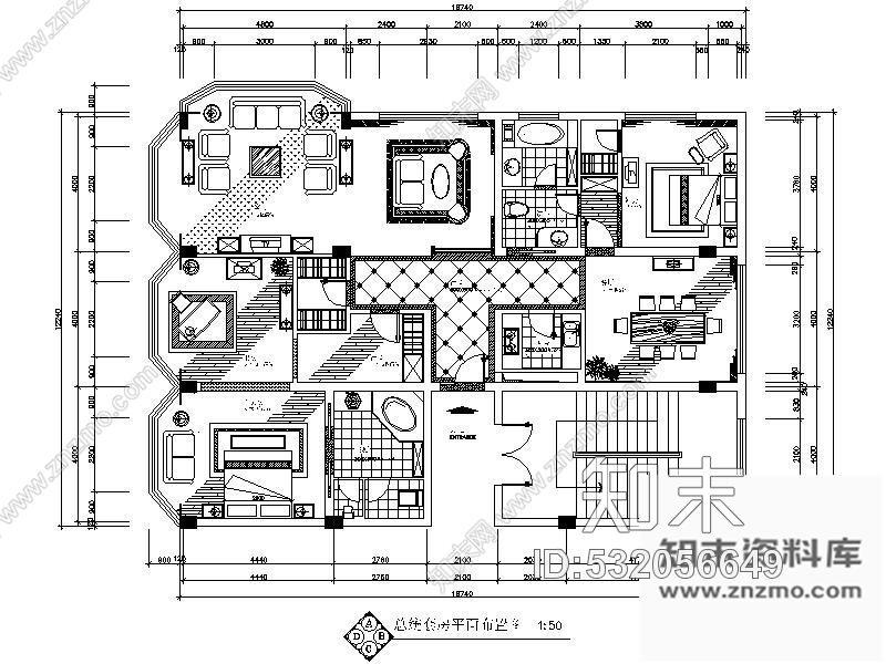 施工图某酒店三室二厅总统套房装修图cad施工图下载【ID:532056649】