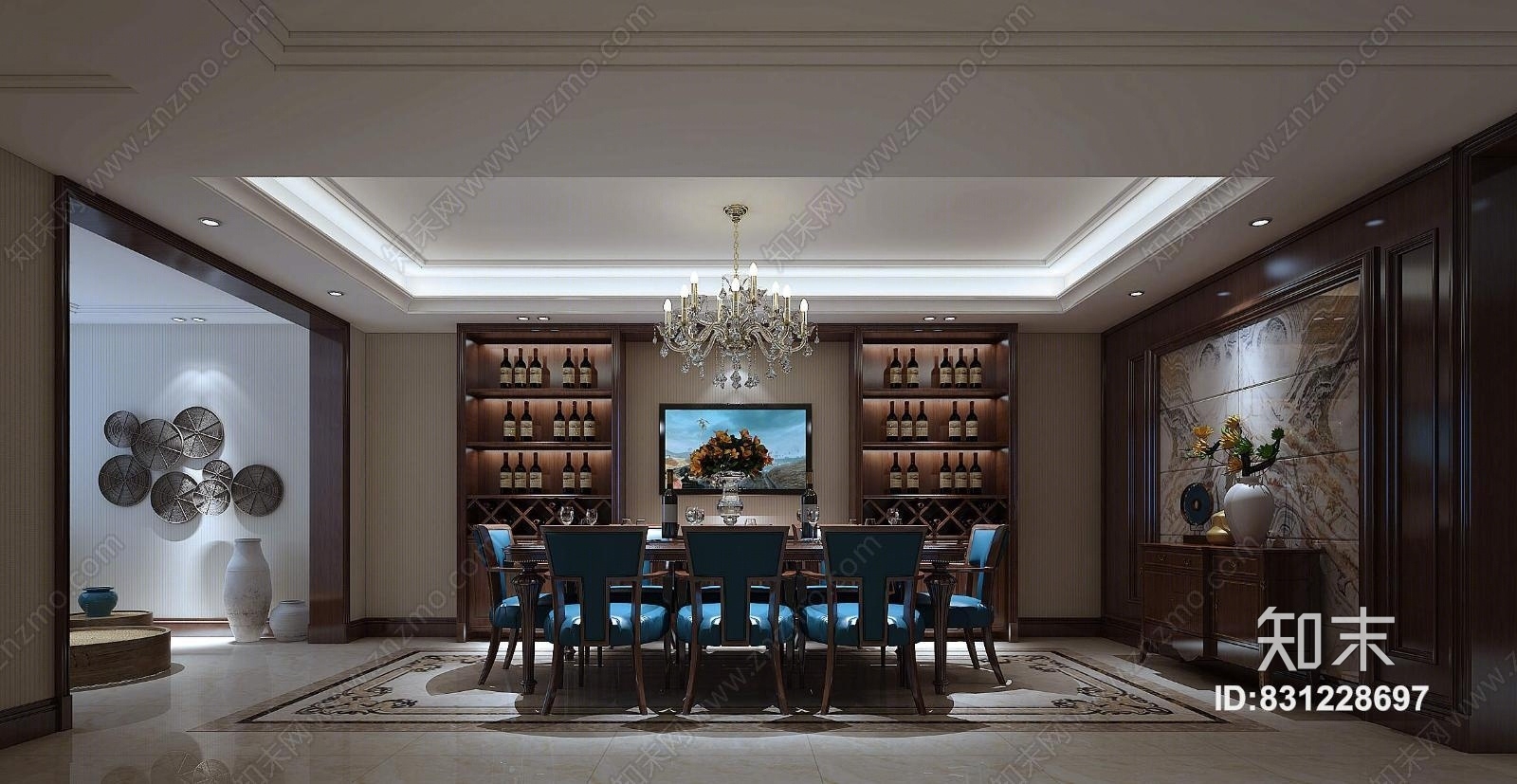 简欧欧式餐厅餐桌吊灯酒柜装饰画3D模型下载【ID:831228697】