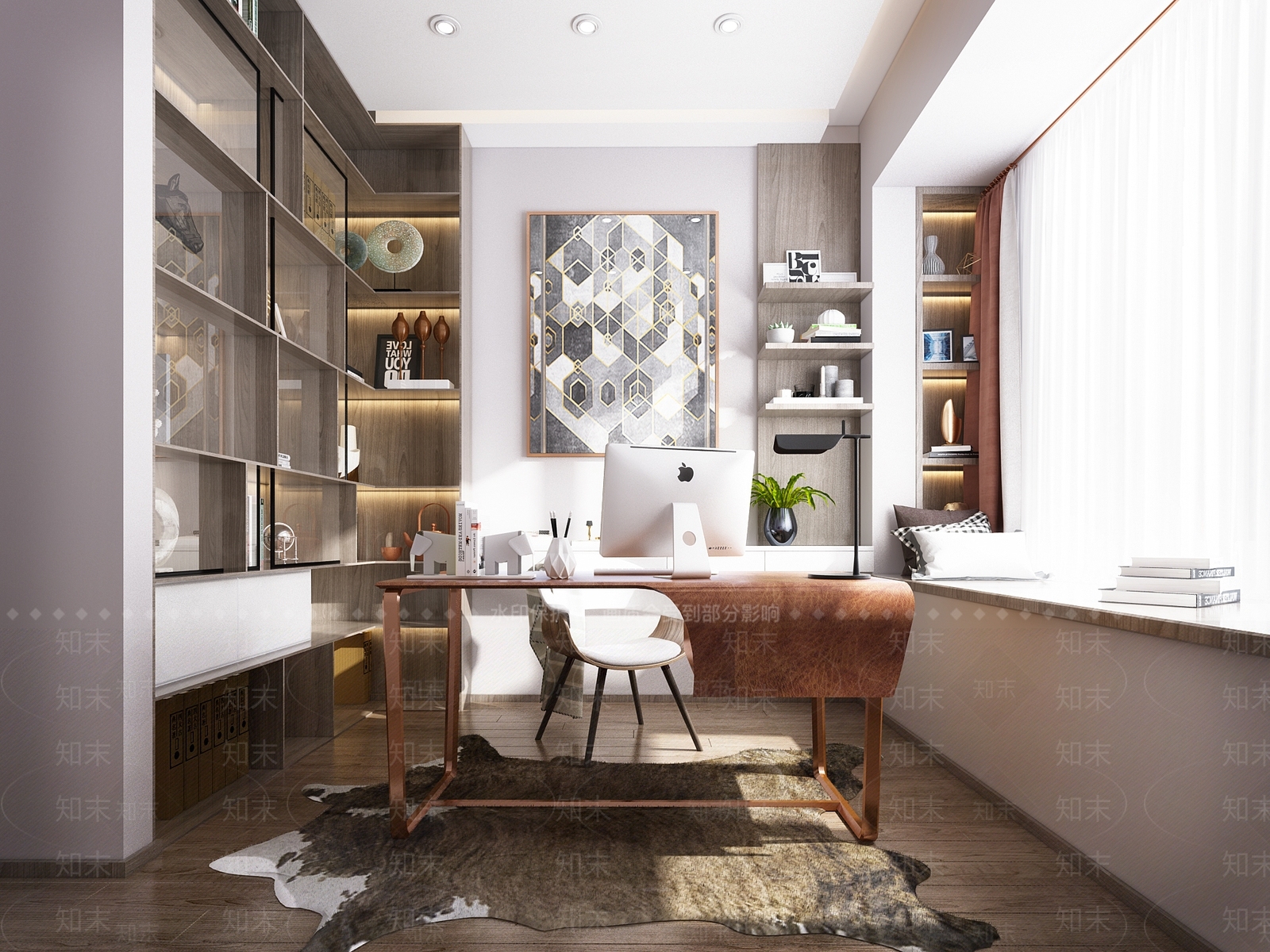 现代，轻奢，书房，书桌，吊灯，书柜，挂画，摆件3D模型下载【ID:533110623】