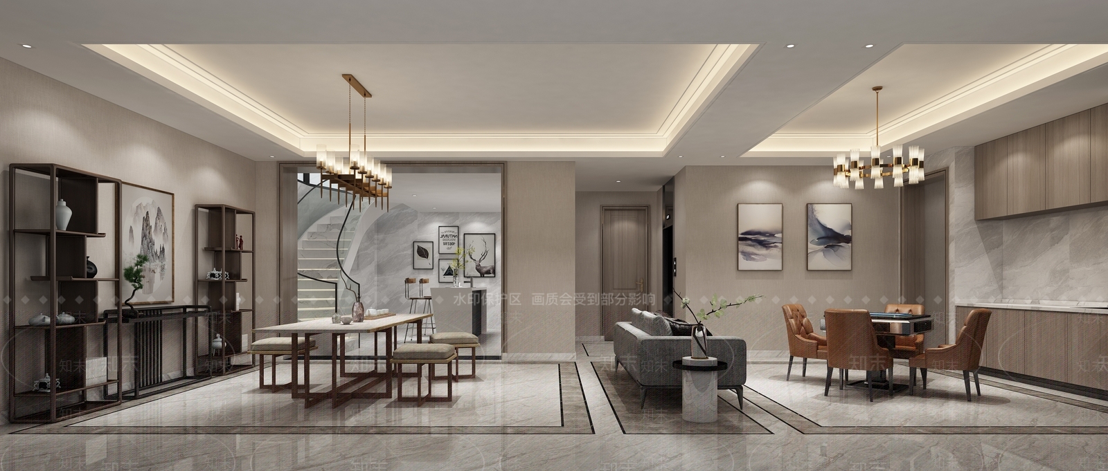 现代地下室博古架茶桌沙发机麻吊灯3D模型下载【ID:132185930】