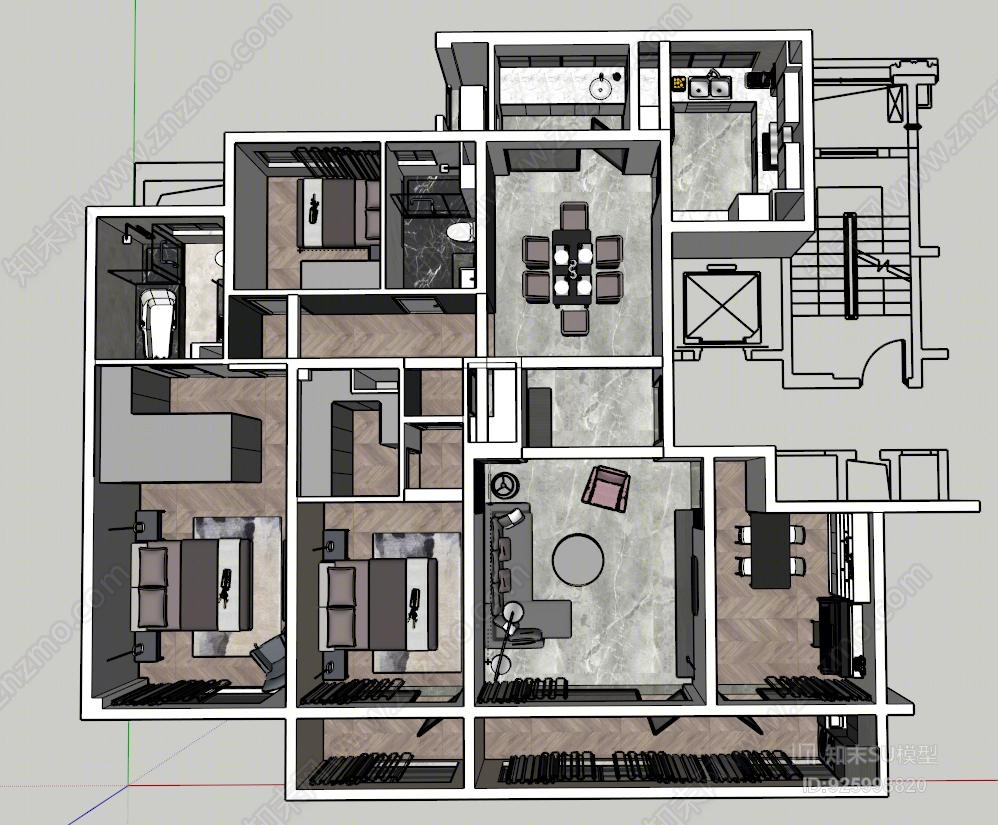 精品现代风格三室两厅室内设计SU模型下载【ID:925998820】