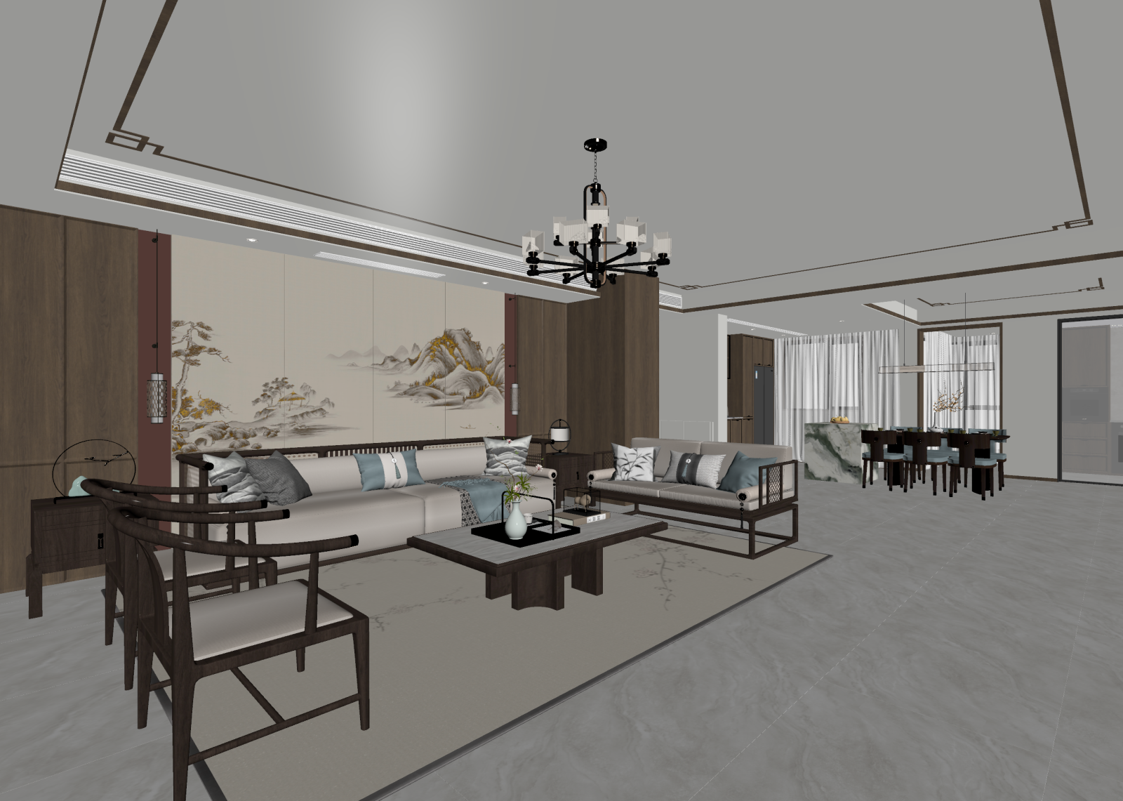 新中式客餐厅3D模型下载【ID:1221978397】