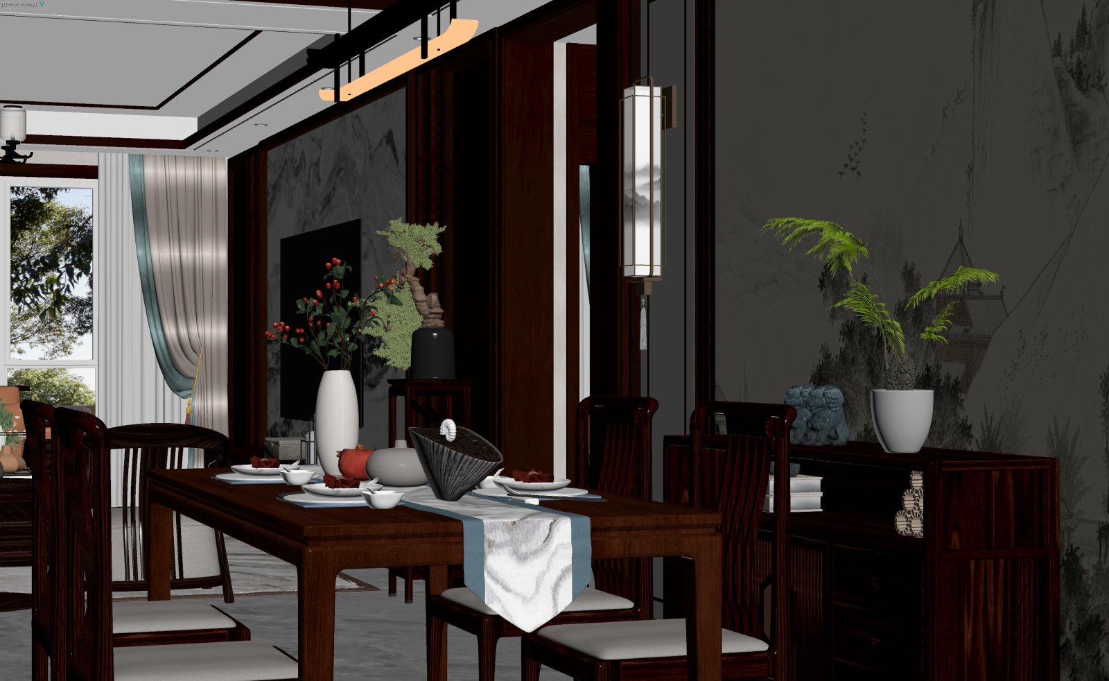 新中式家居餐厅3D模型下载【ID:1221490232】
