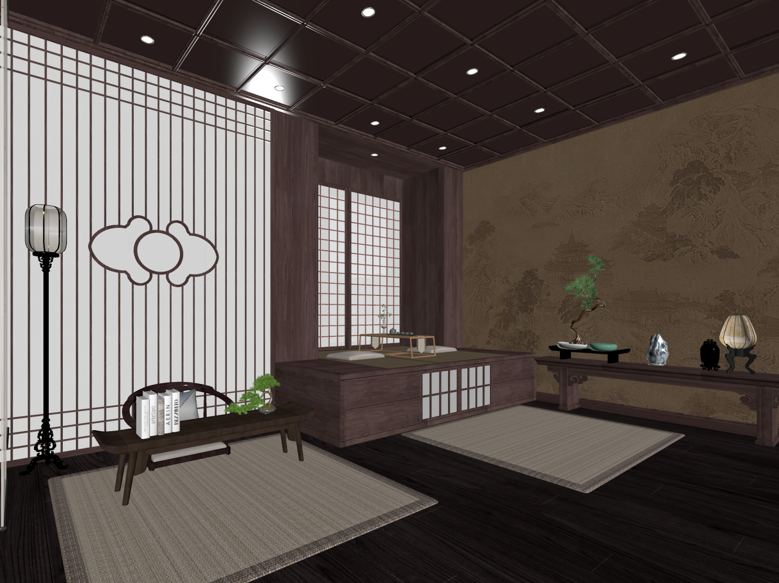 新中式榻榻米卧室3D模型下载【ID:1221462682】
