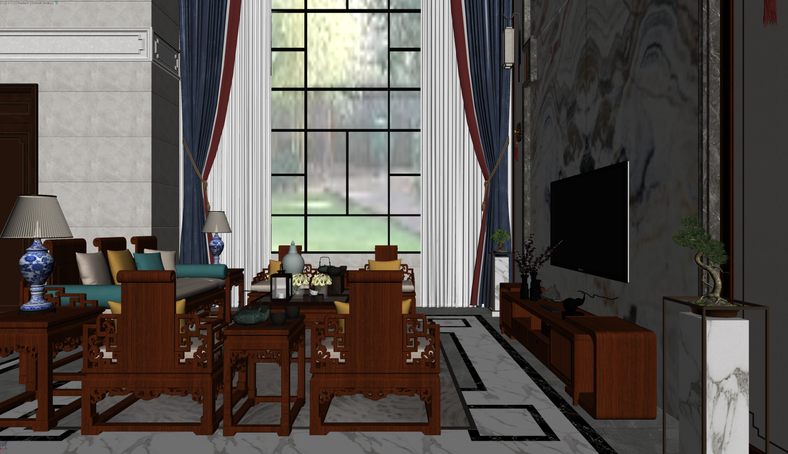 新中式挑空客厅3D模型下载【ID:1221673441】
