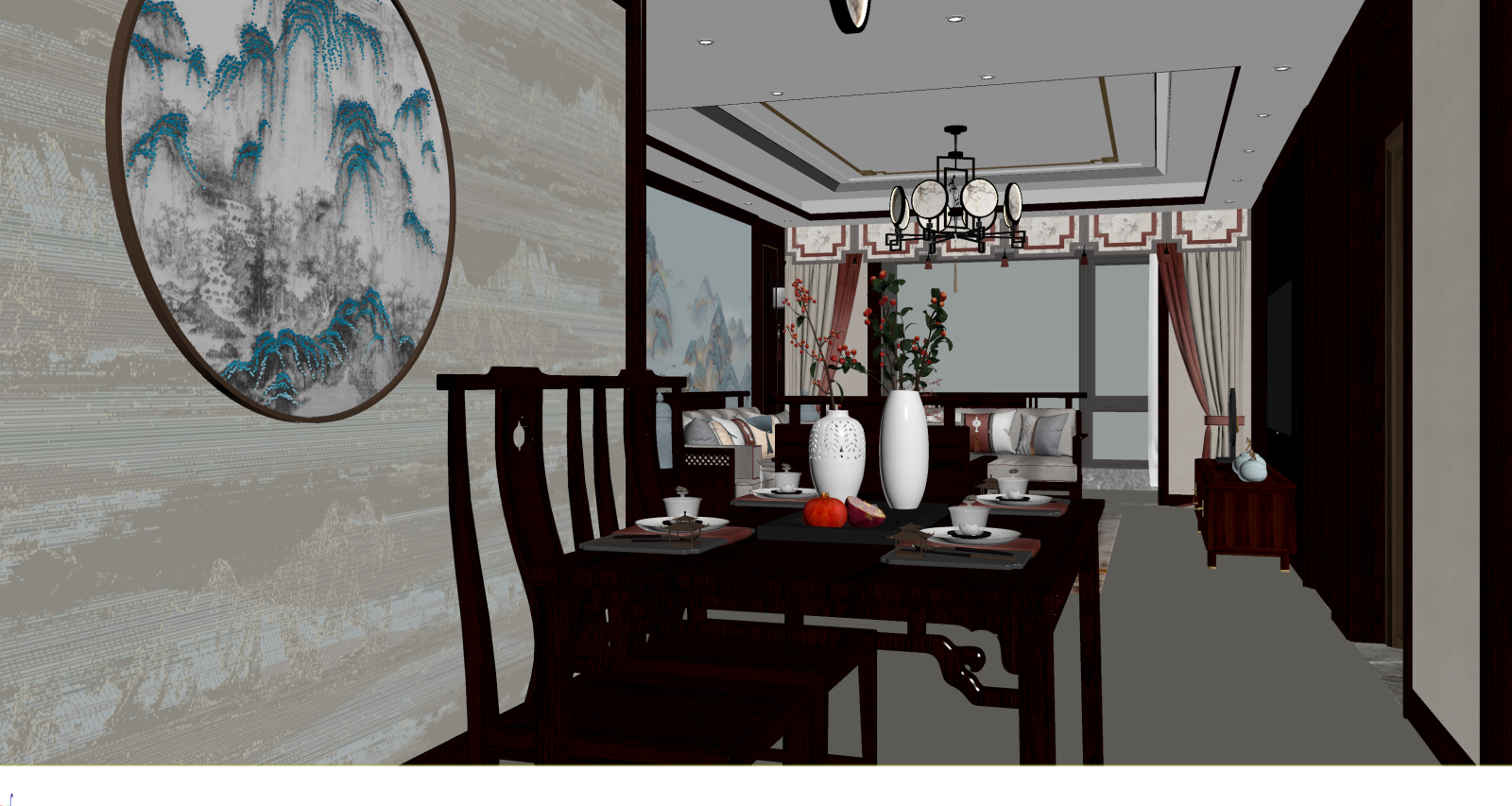 新中式客餐厅3D模型下载【ID:1221440349】