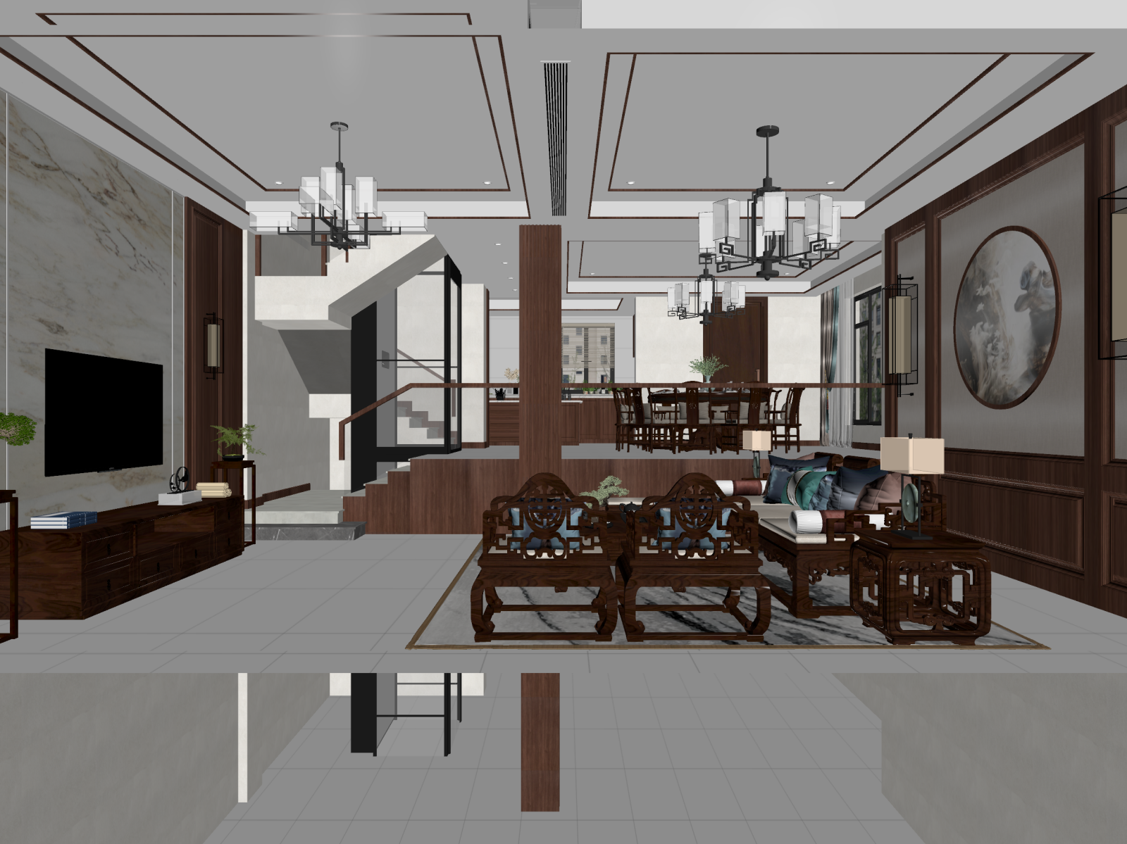 新中式挑空客厅3D模型下载【ID:1222027625】