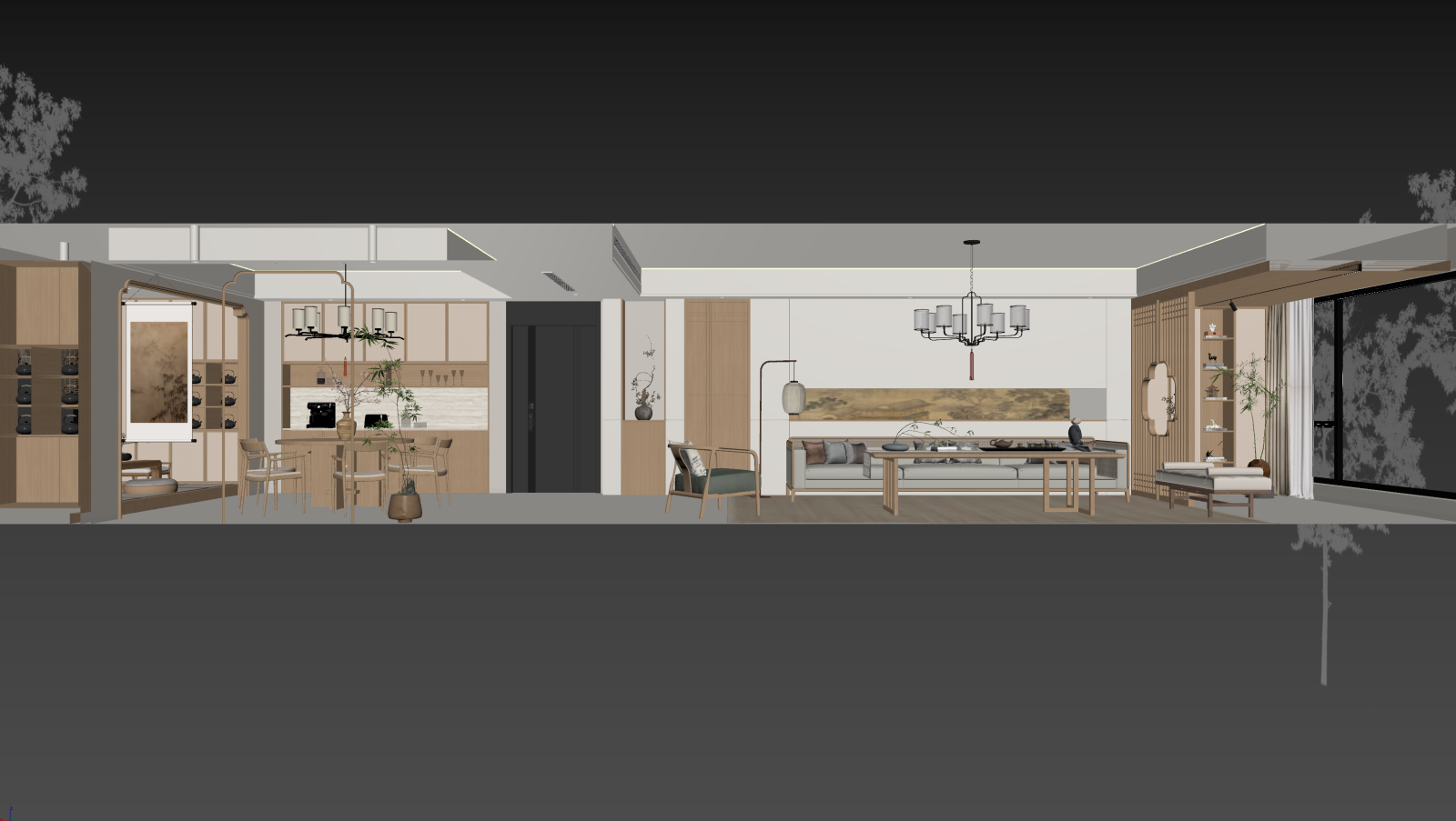 新中式客餐厅3D模型下载【ID:1221850080】
