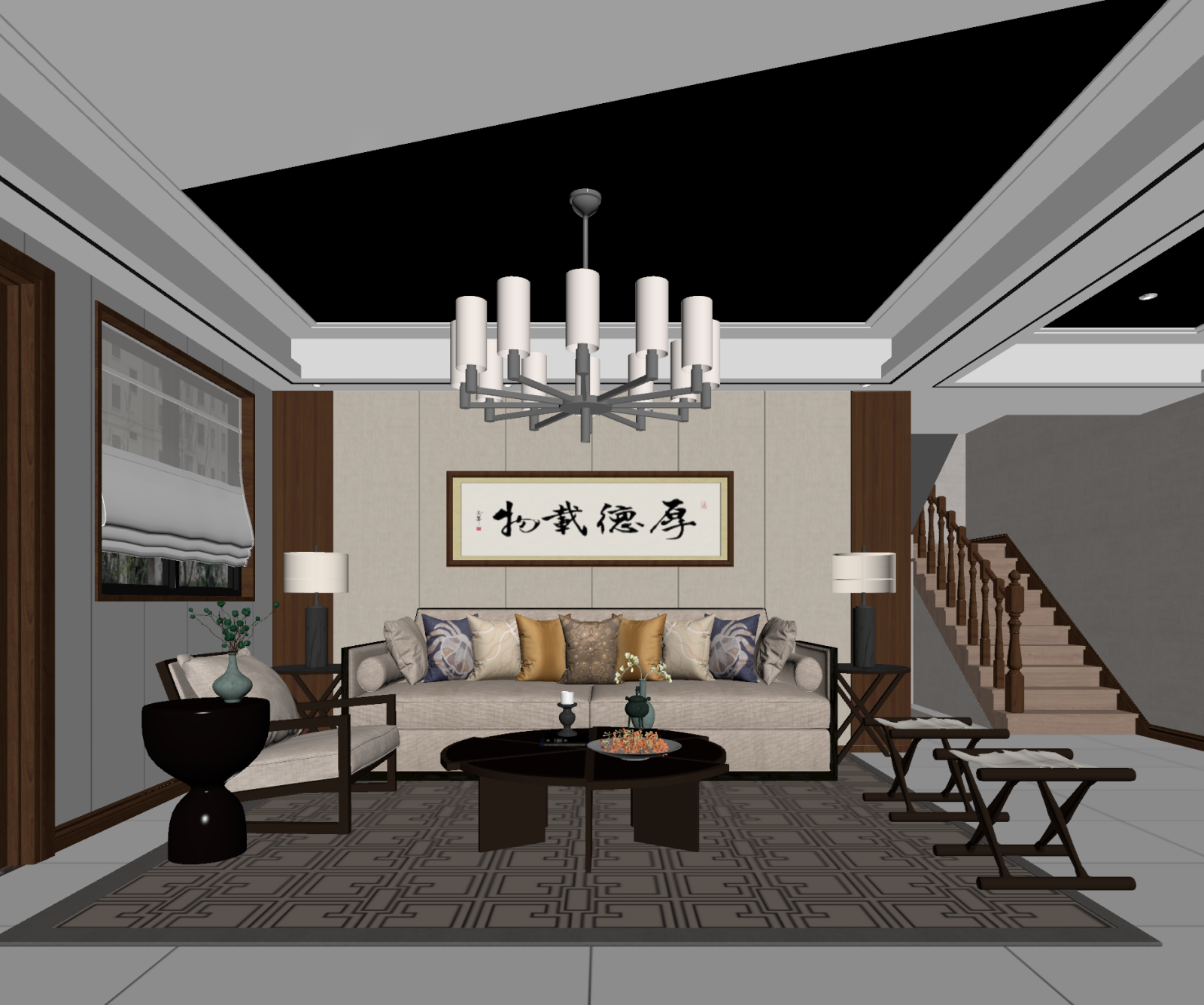中式挑空客厅3D模型下载【ID:1221439979】
