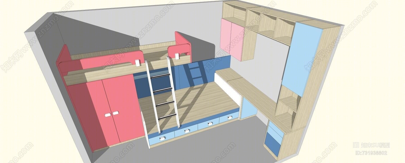 现代板式儿童空间组合家具SU模型下载【ID:731938802】