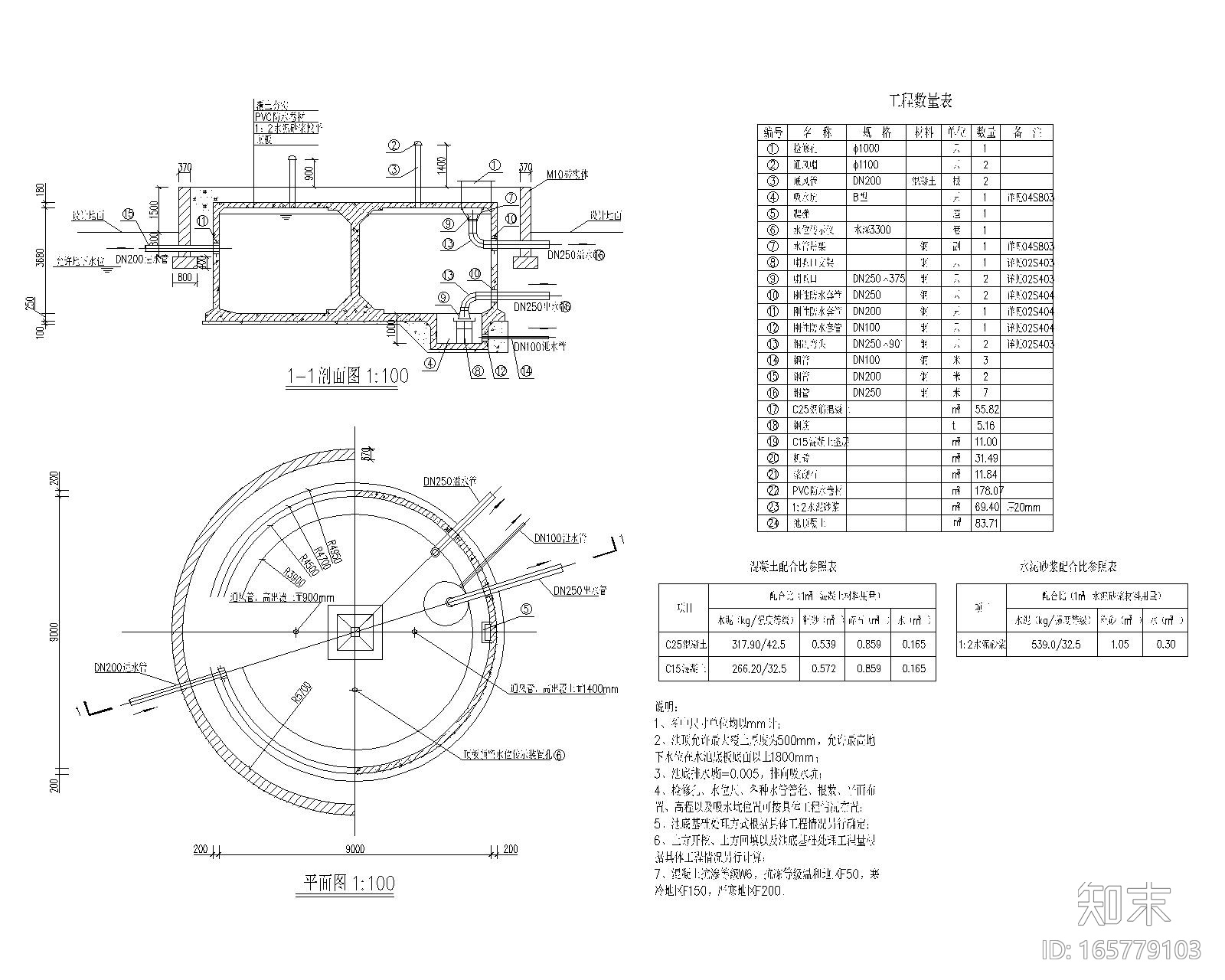 200t圆形蓄水池（池顶覆土500mm）cad施工图下载【ID:165779103】