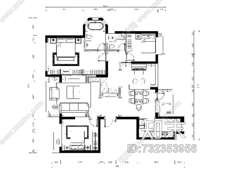 简欧三房施工图5cad施工图下载【ID:732353956】