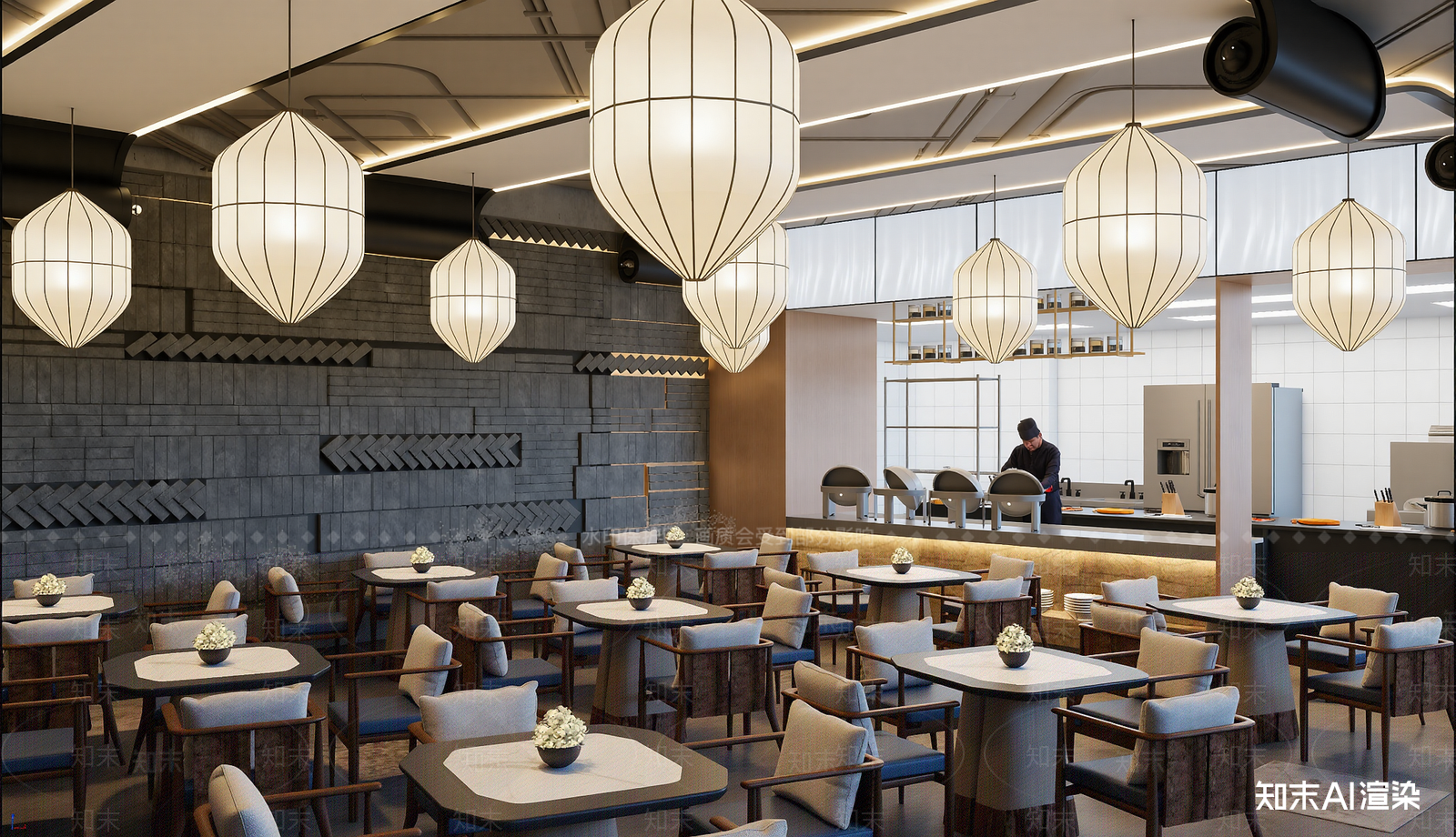 现代酒店餐厅3D模型渲染效果图