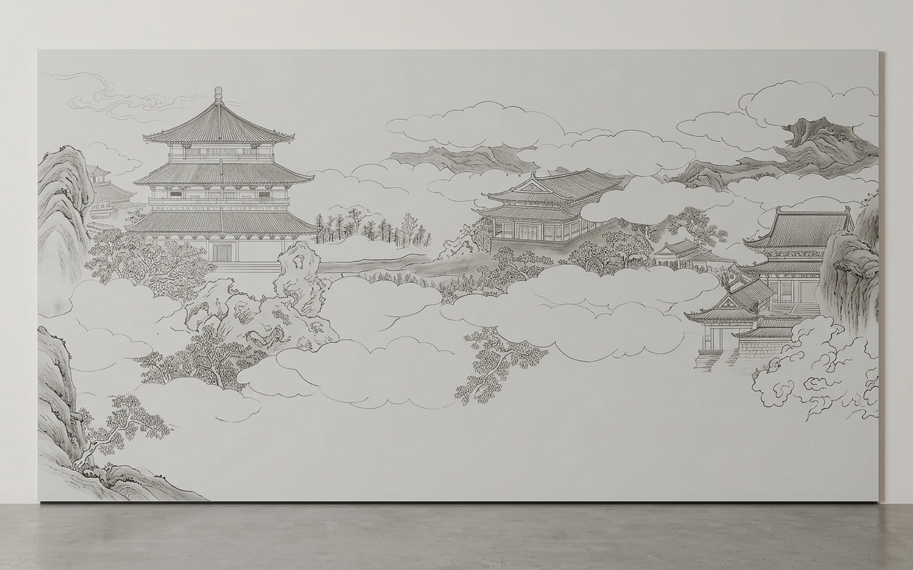 新中式山水画SU模型草图