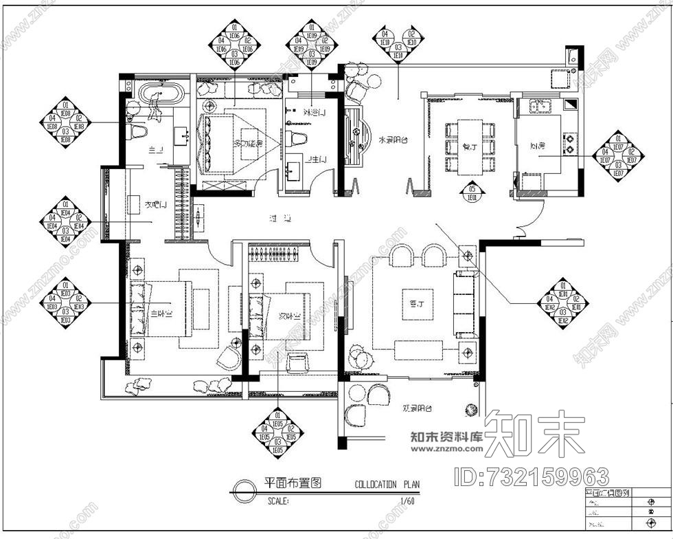 李益中--幸福花苑D3欧式风格110㎡样板房cad施工图包含水、电、效果图施工图下载【ID:732159963】