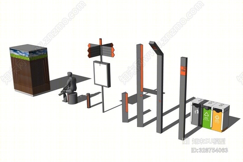 导视牌垃圾桶组合SU模型下载【ID:328754063】