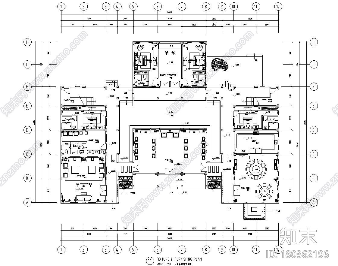 中式风格二层别墅五居室住宅装修施工图设计施工图下载【ID:180362196】