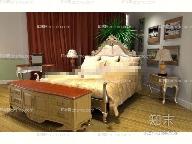 欧式简约布艺双人床3D模型下载【ID:72788603】