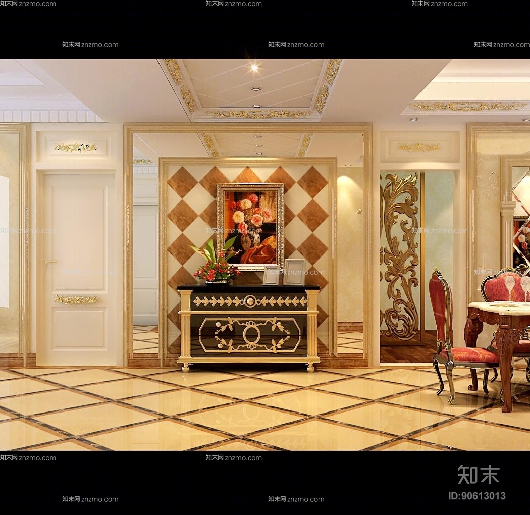 法式黑色木艺玄关柜3D模型下载【ID:90613013】