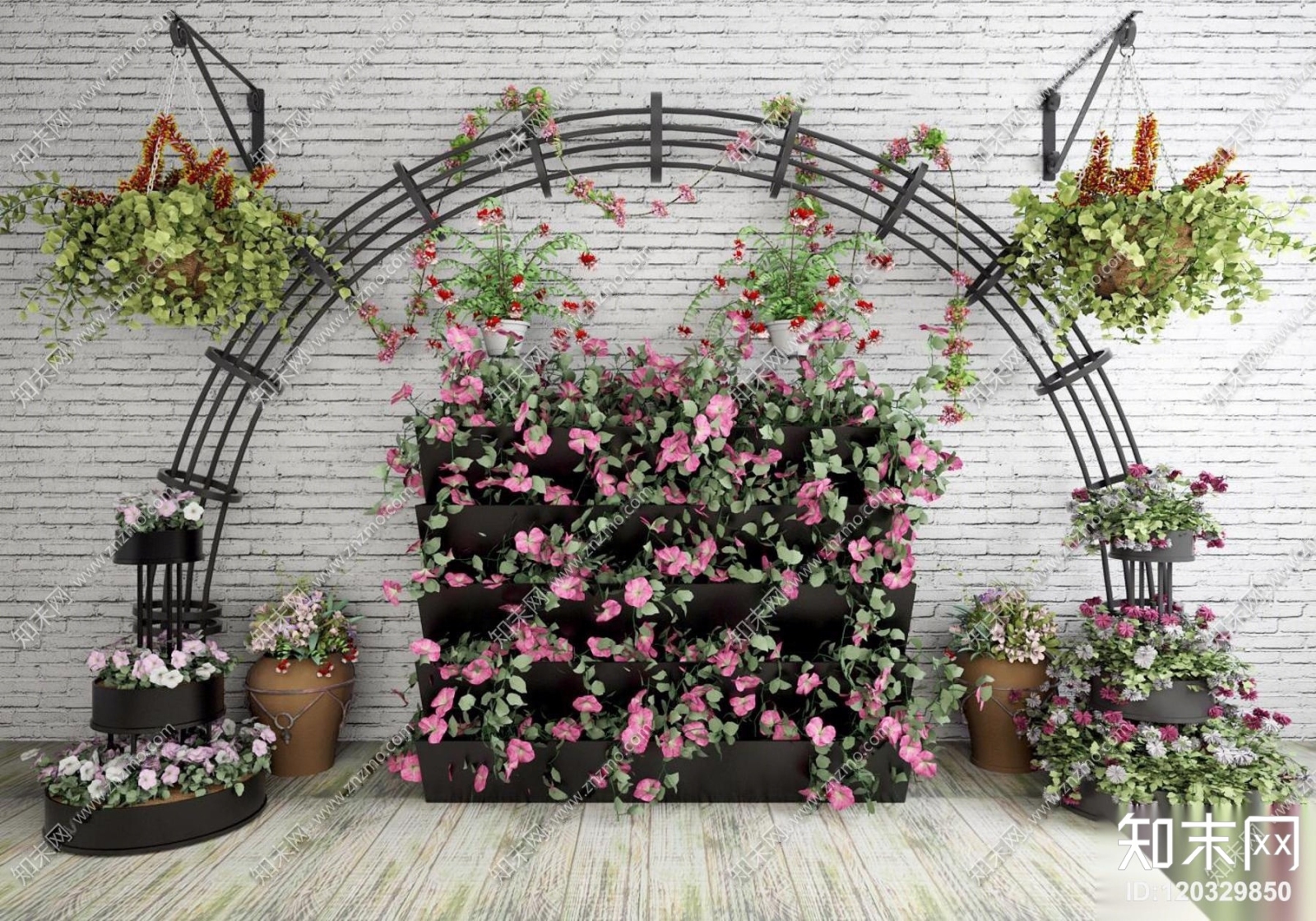 现代鲜花盆栽拱门吊篮组合3D模型下载【ID:120329850】