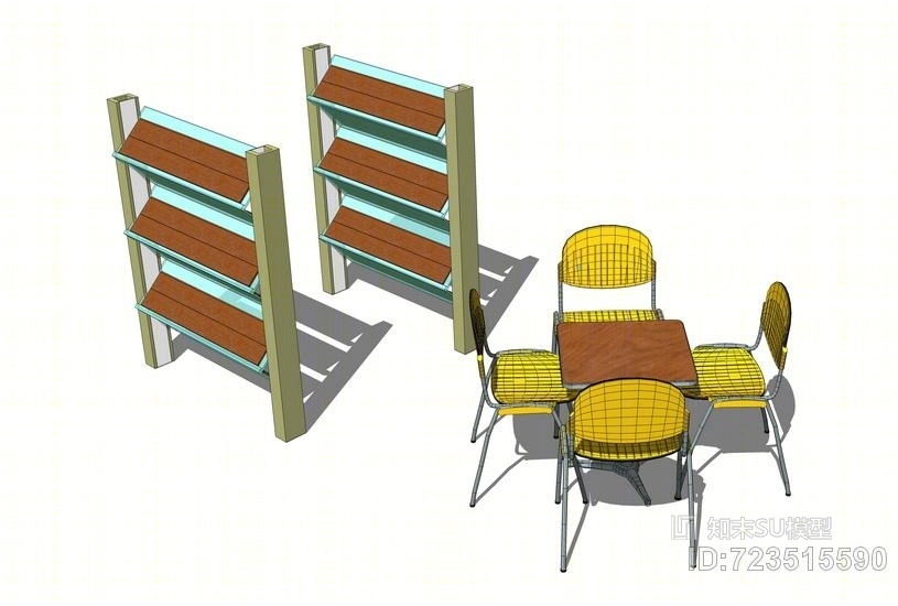洽谈桌椅书架组合SU模型下载【ID:723515590】