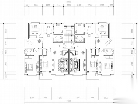 板式多层一梯二户二室一厅二卫花园洋房户型图(139/139)cad施工图下载【ID:168128141】