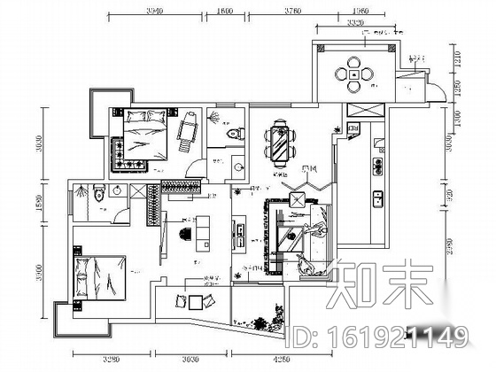 中式风格两居室设计方案cad施工图下载【ID:161921149】