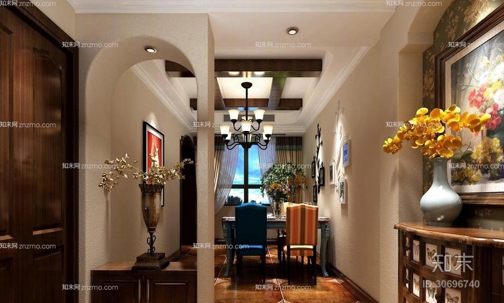 美式田园木艺餐桌椅组合3D模型下载【ID:30696740】