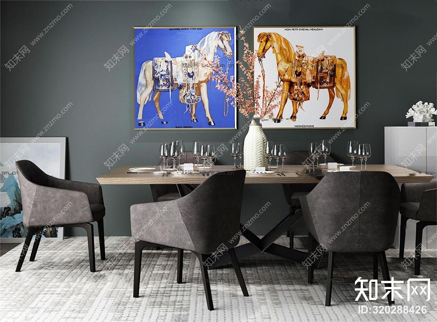 现代餐桌椅花瓶装饰画组合3D模型下载【ID:320288426】