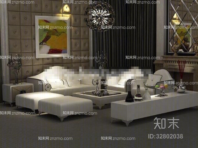 欧式简约白色皮质沙发茶几组合3D模型下载【ID:32802038】