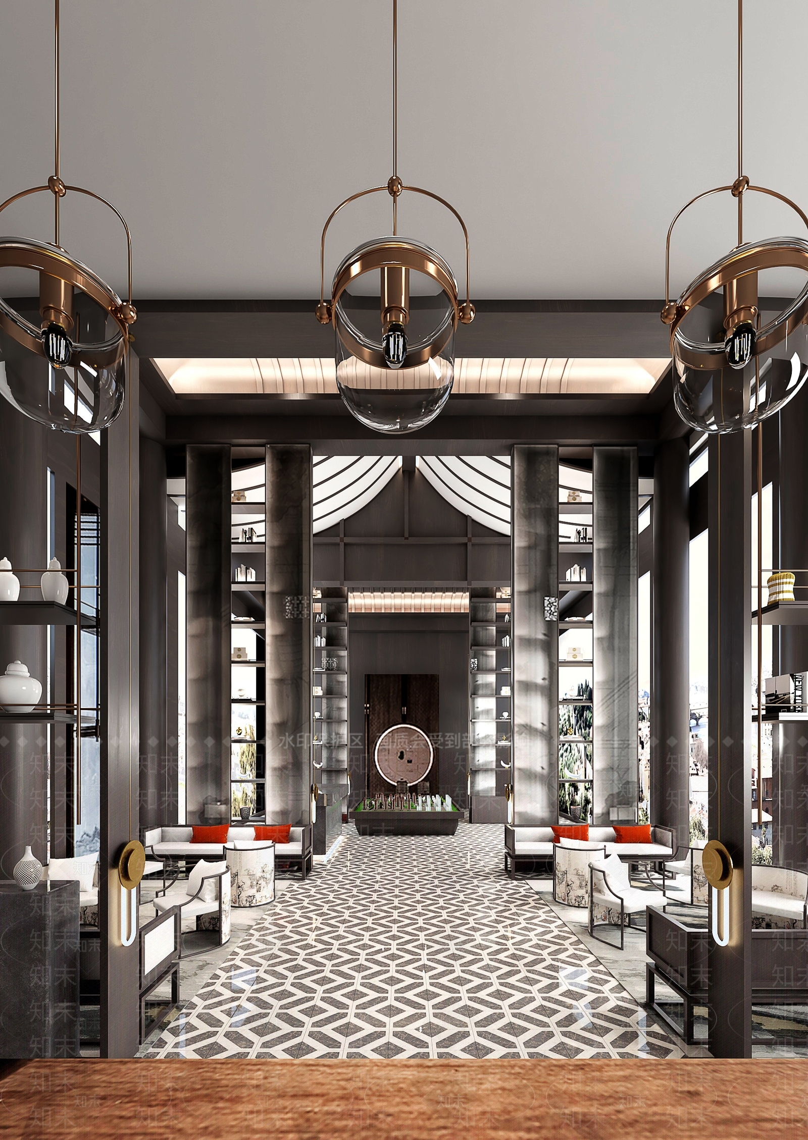 盘石室内设计新中式售楼处3D模型下载【ID:187824138】