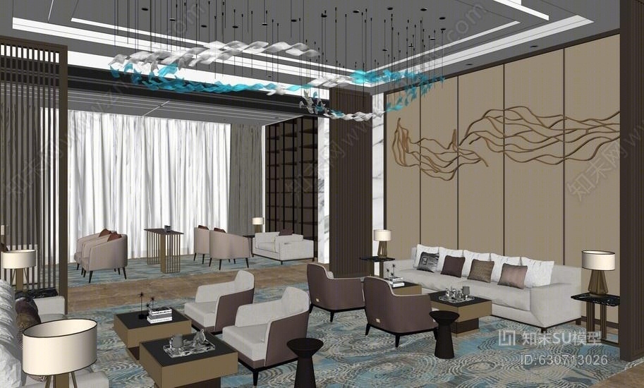 新中式接待中心室内设计SU模型下载【ID:630713026】