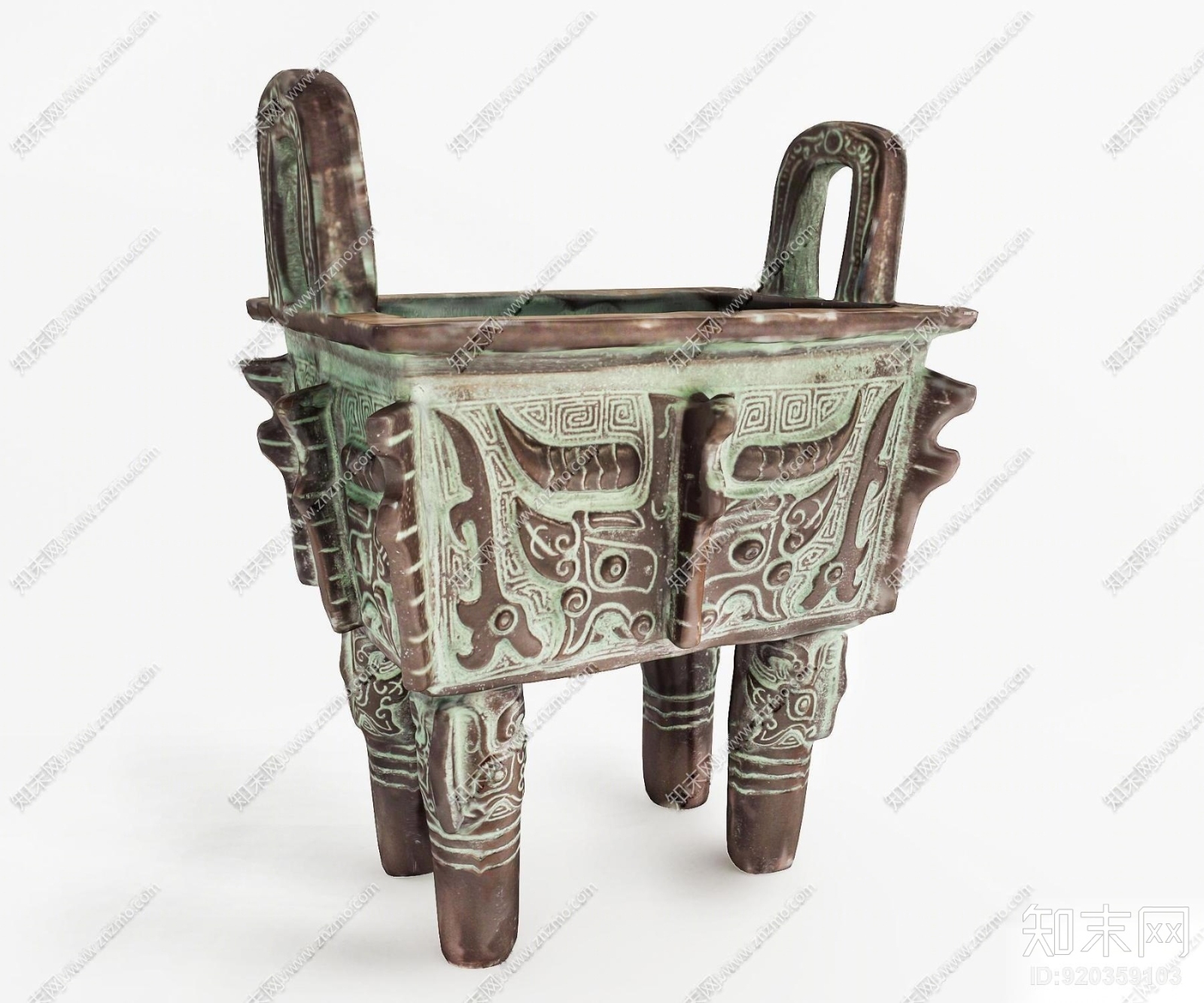 中式雕花青铜鼎3D模型下载【ID:920359103】