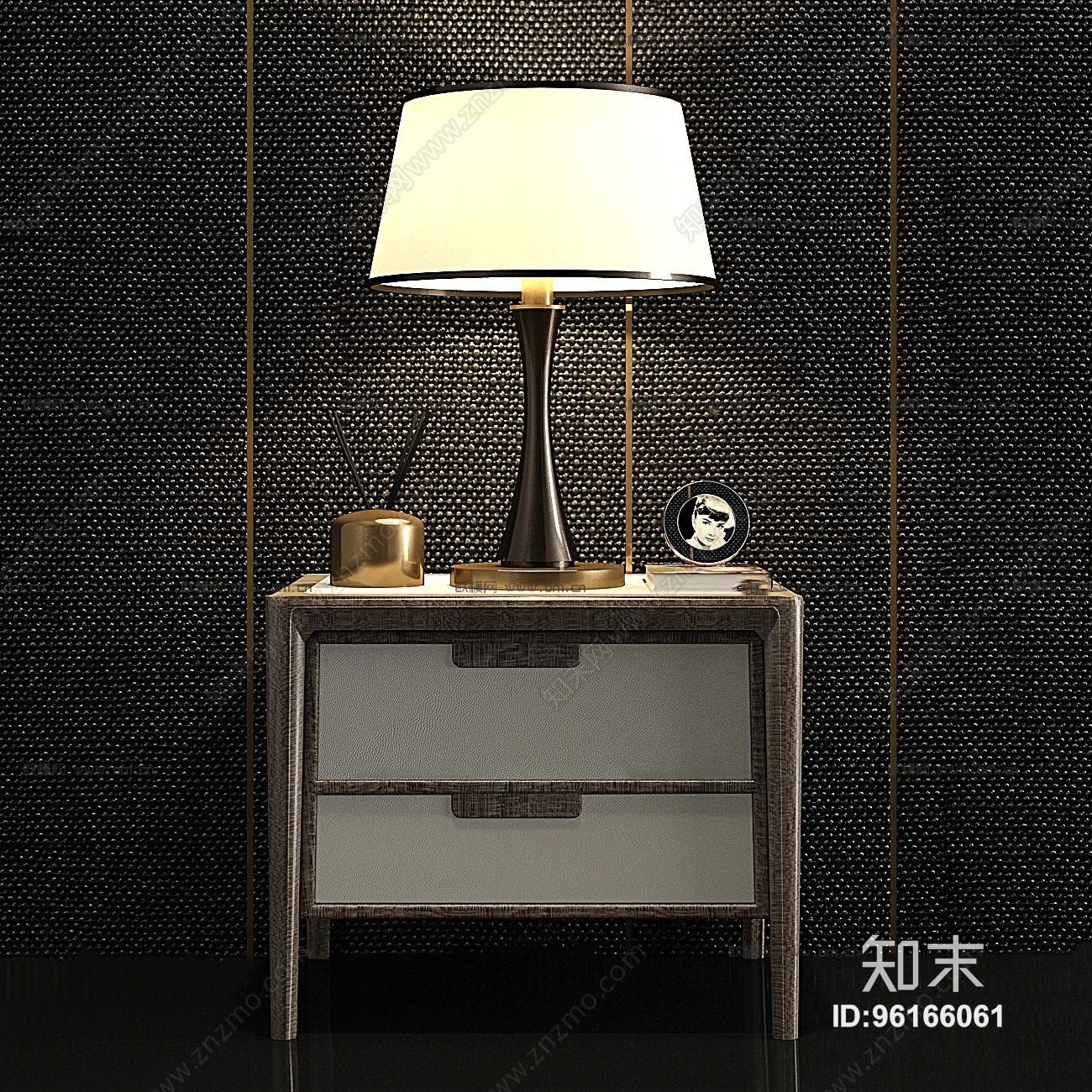 现代实木床头柜台灯组合3D模型下载【ID:96166061】