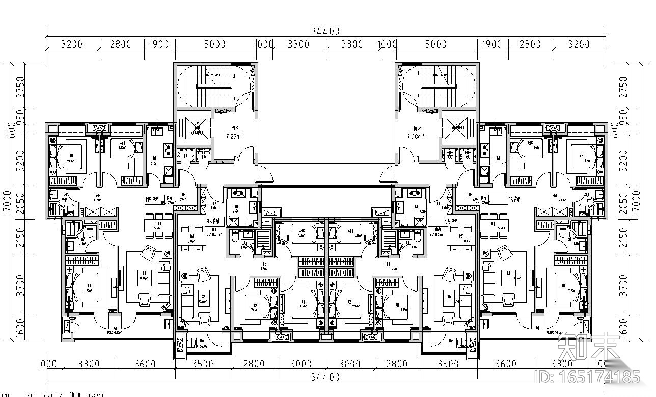 2019年外廊式百米高层标准化户型T4+T6户型施工图下载【ID:165174185】