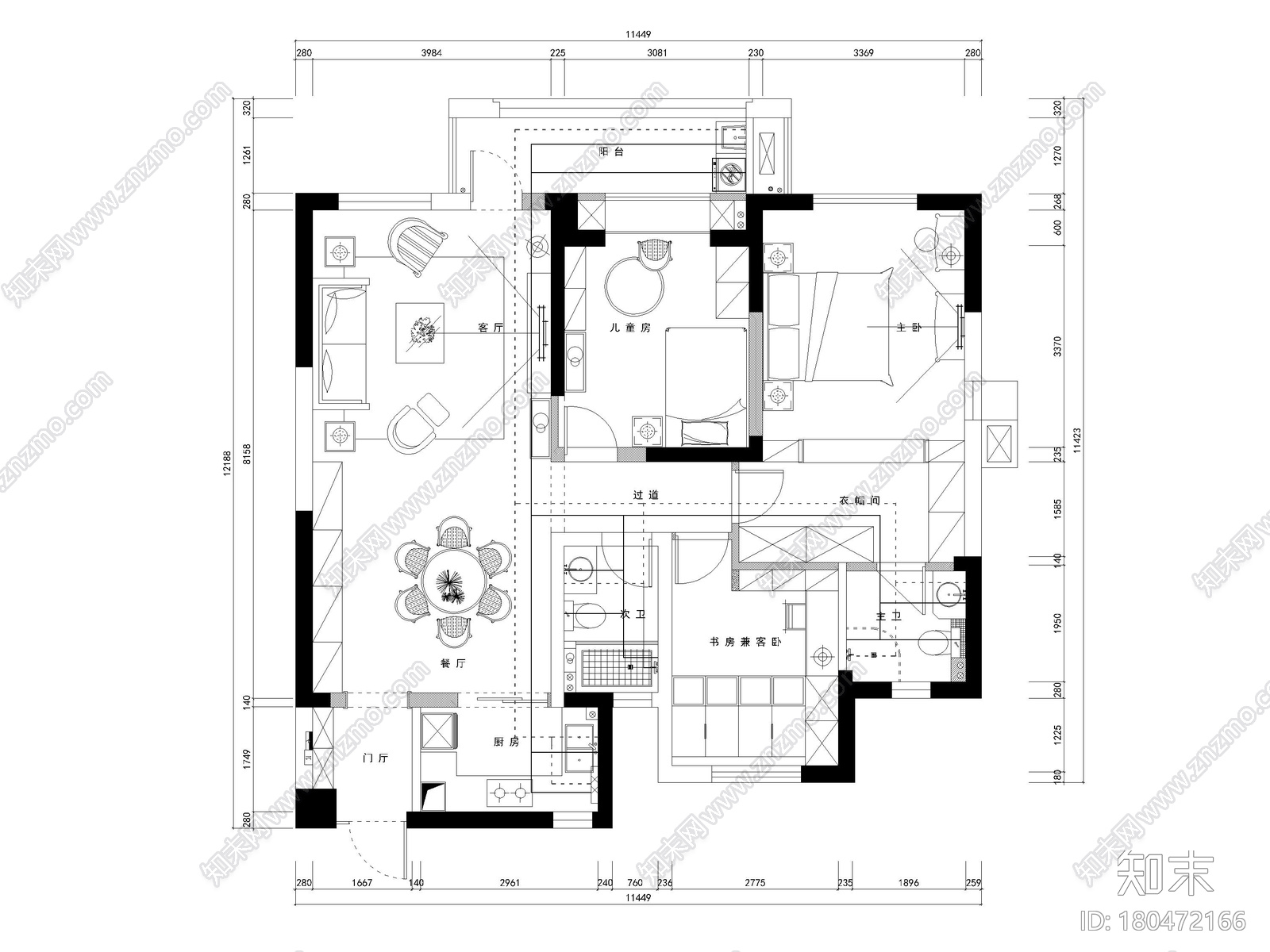 [武汉]100㎡美式三居室家装装修设计施工图施工图下载【ID:180472166】