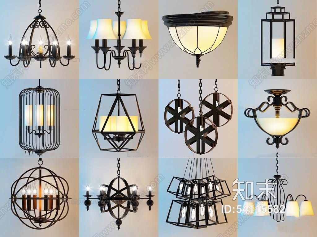 复古美式工业吊灯组合3D模型下载【ID:54115582】