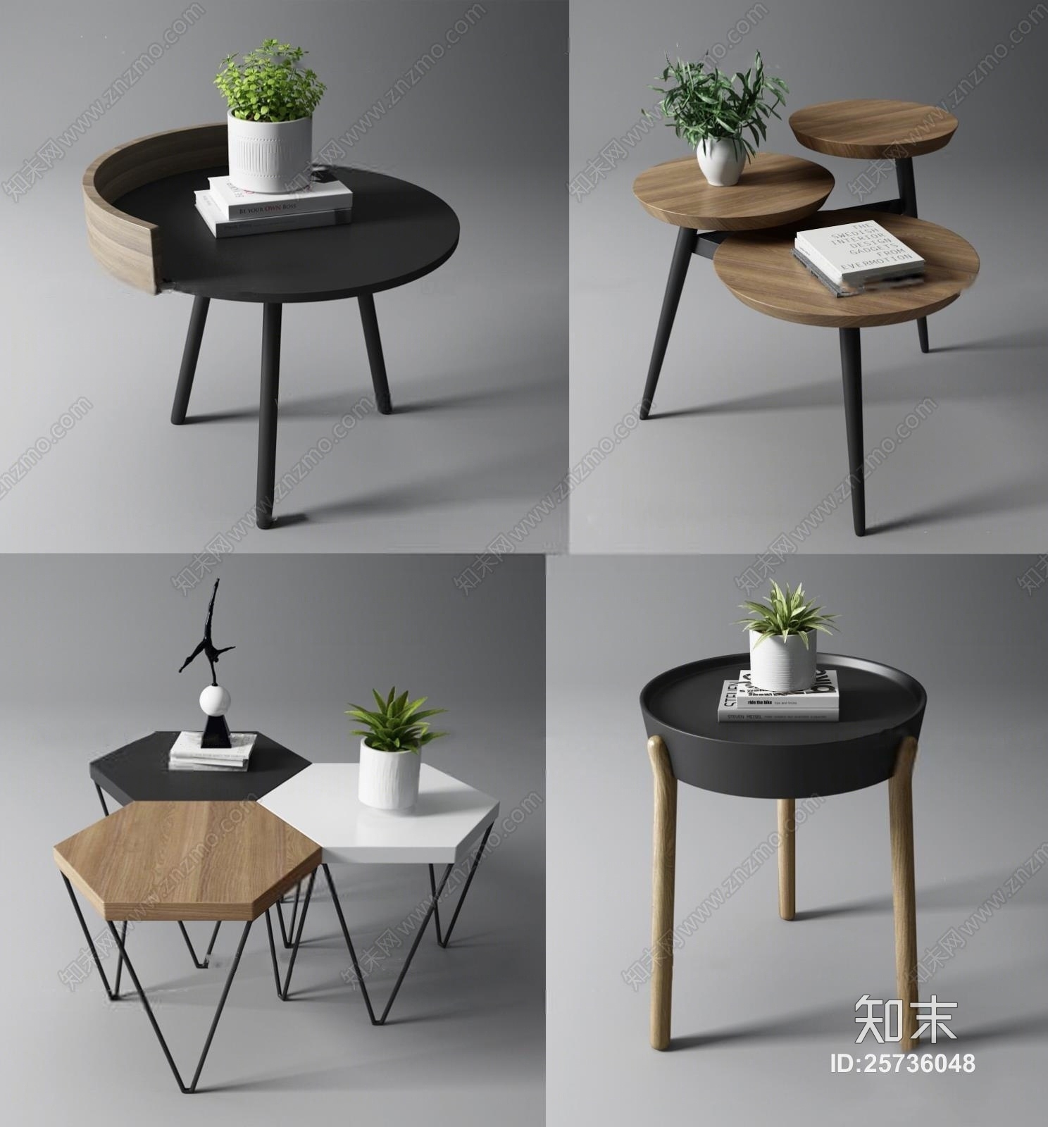 现代个性实木茶几组合3D模型下载【ID:25736048】