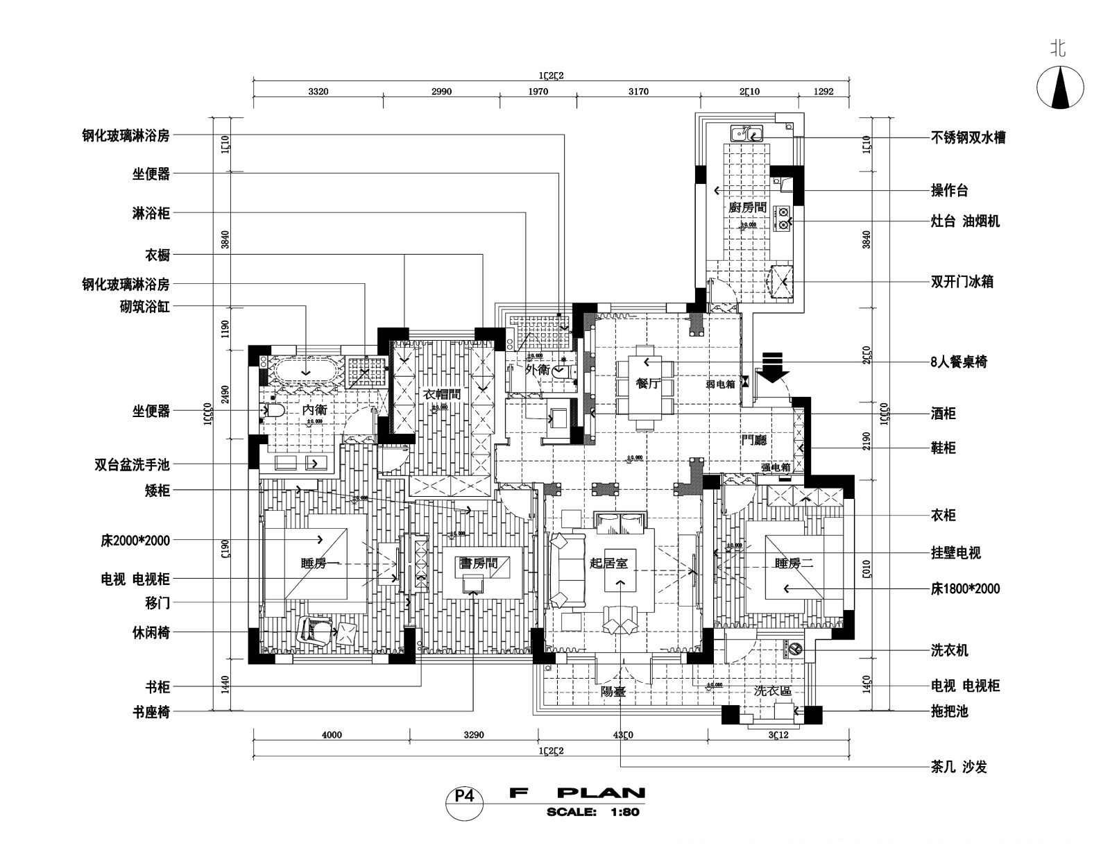 170平简欧风格两居室平层施工图+效果图施工图下载【ID:160100133】