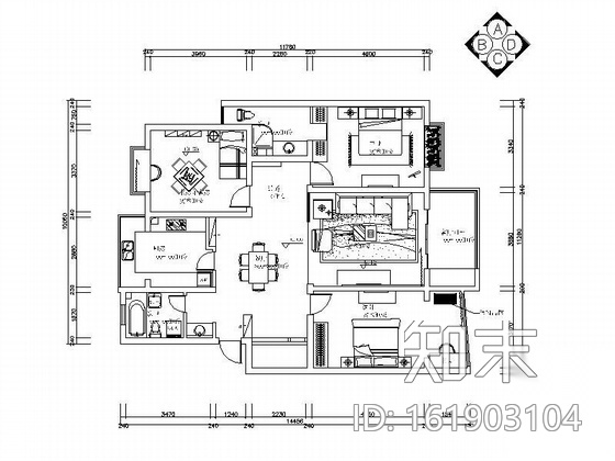 [无锡]现代中式风格三居室装修图（含效果）cad施工图下载【ID:161903104】